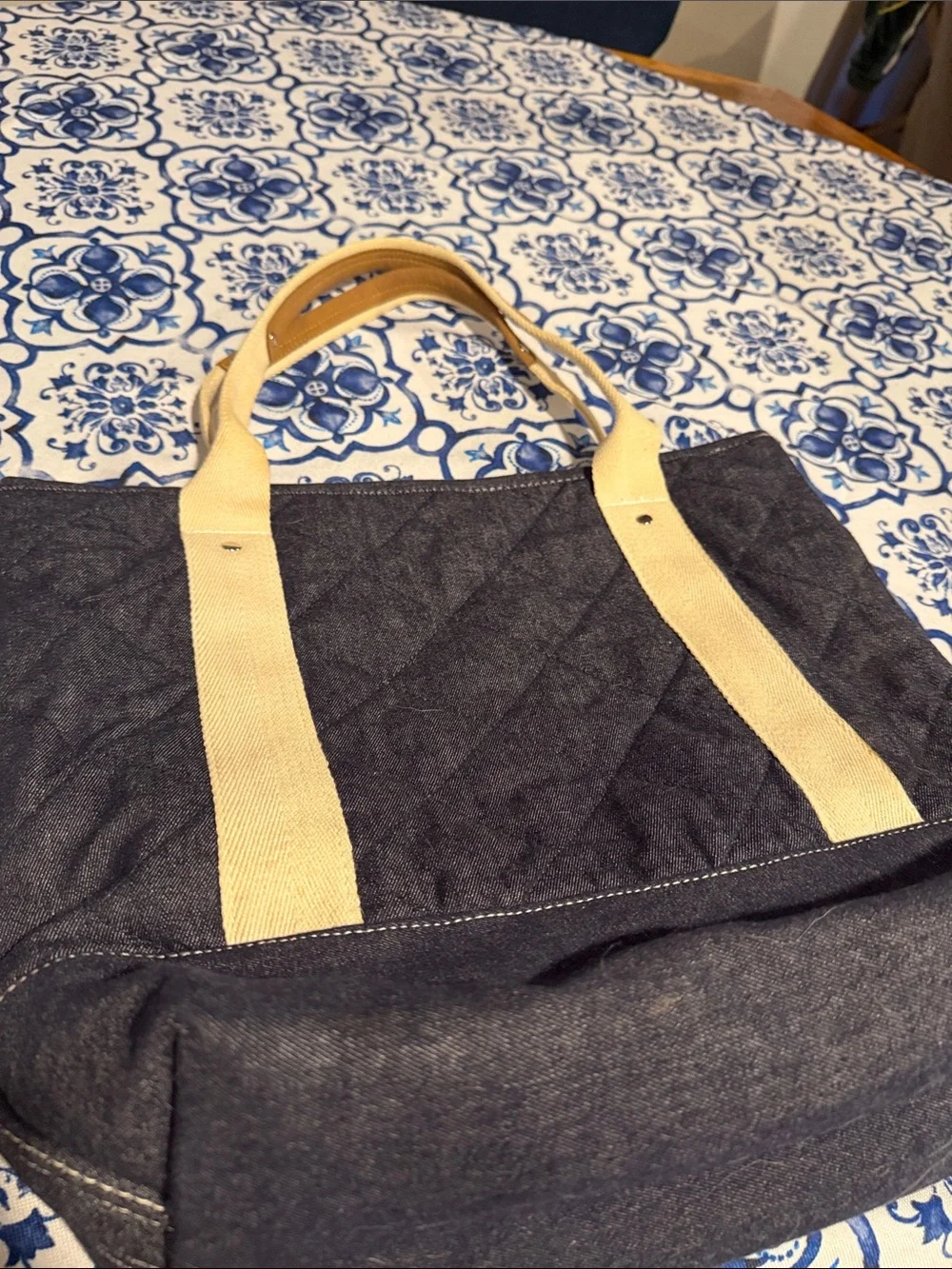 Lands' End Navy Quilted Messenger Tote with Cream Handles